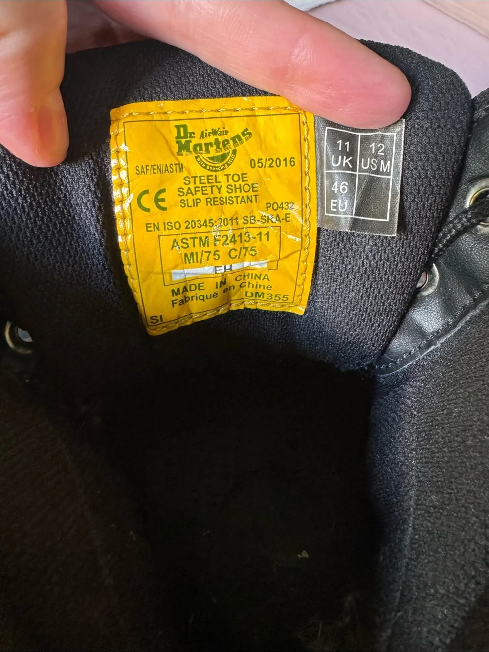 Dr. Martens Black Lace-Up Industrial Safety Boots with Yellow Stitching